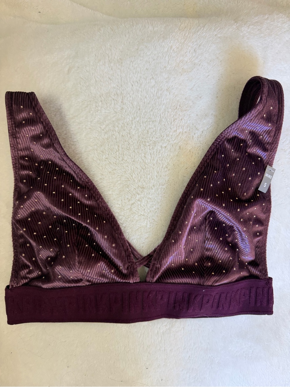PINK Victorias Secret grape purple ribbed gold studded LOGO bralette small NWT